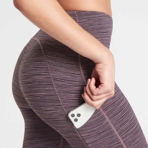 Athleta Leggings XXS Ultimate Capri Purple Striped High Rise Pocket Tight - Picture 5 of 11